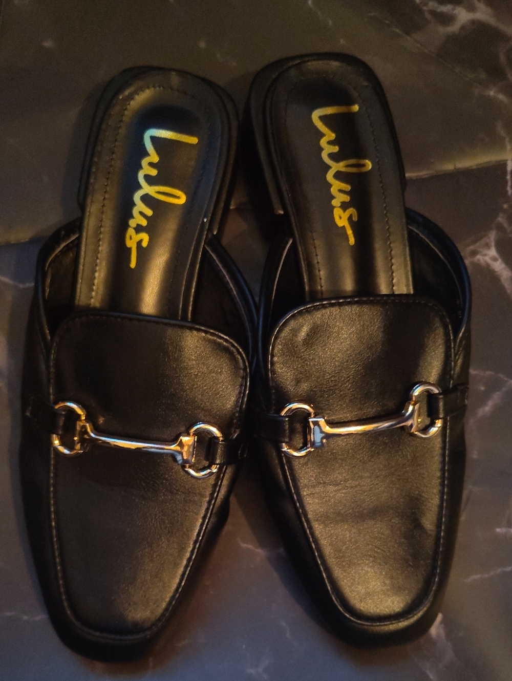 Lulu's Black Faux Leather Gold-Bit Mule Loafers